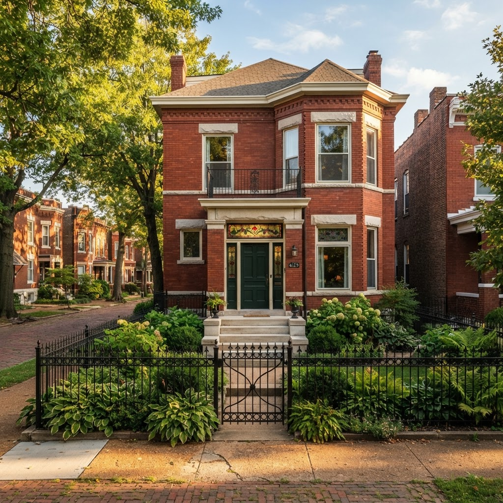 The red-brick two-family flat at 4273 Botanical Avenue, with a forest-green front door and the painted transom above it